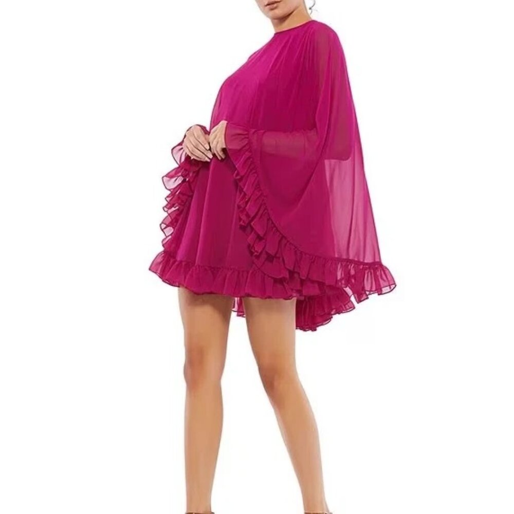Mac Duggal Ruffle Hem Long Cape Sleeve Waistless Trapeze Fuchsia Mini Dress